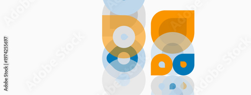 Abstract graphic design features overlapping circles, orange, blue hues. Minimalist composition, clean lines, modern aesthetic. Simple shapes create visual interest.