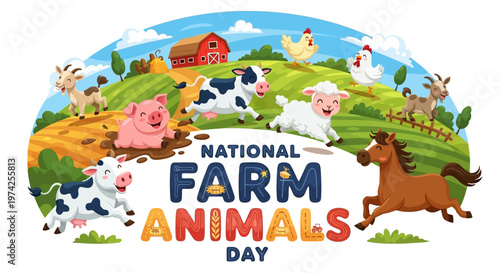 Celebrating National Farm Animals Day with a charming cartoon illustration featuring happy livestock animals like cows, pigs, sheep, chickens, goats, and a horse running cheerfully