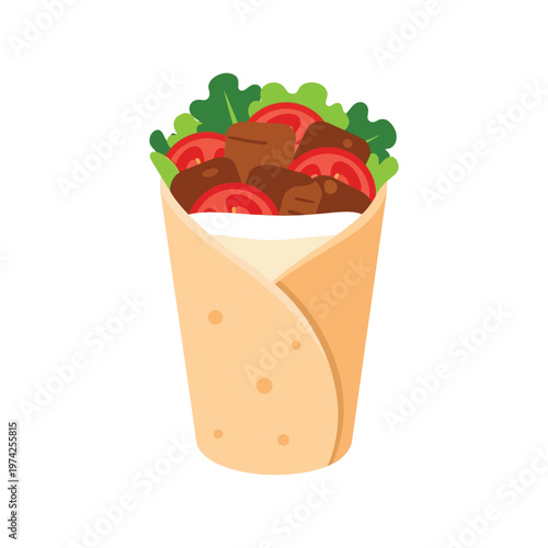 Shawarma Wrap Vector Illustration with Meat, Lettuce, and Tomato on White Background