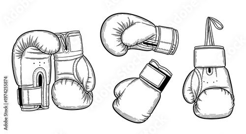 Vintage Engraved Boxing Gloves and Punching Bag Glove Vector Illustration Set