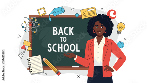Professional black female teacher stands in front of a chalkboard with back to school text and educational icons.