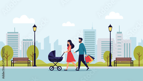 Young family walks through a city park with a baby stroller and shopping bags against a background of skyscrapers.