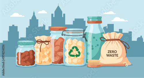 An assortment of reusable glass jars and a zero waste bag filled with various products, promoting sustainable living against a city skyline.