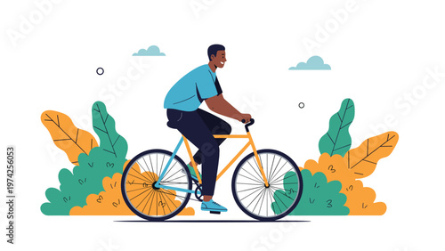 Happy man rides his bicycle through a lush park filled with colorful bushes and trees on a bright and clear day.