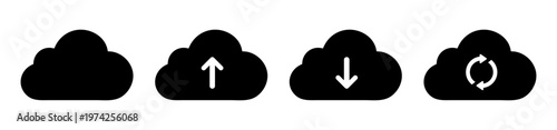 Cloud icon set with upload download and sync symbols in solid style. Backup, Cloud storage, data transfer and file sharing icons for app and web interfaces