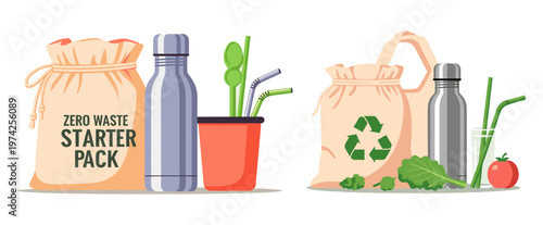 An eco-friendly zero waste starter kit featuring reusable items like a water bottle, straws, and a canvas bag with a recycling symbol, promoting sustainable living.