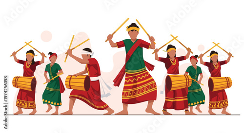 Group of men and women performing the bihu dance, wearing traditional colorful attire and playing drums and sticks. vibrant cultural celebration, traditional music and movement.