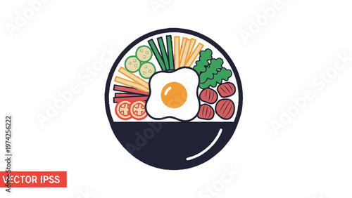 Delicious and Colorful Bibimbap Bowl with Fresh Ingredients on White.