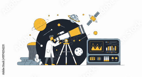 Astronomer Observing Celestial Bodies Through a Powerful Telescope.