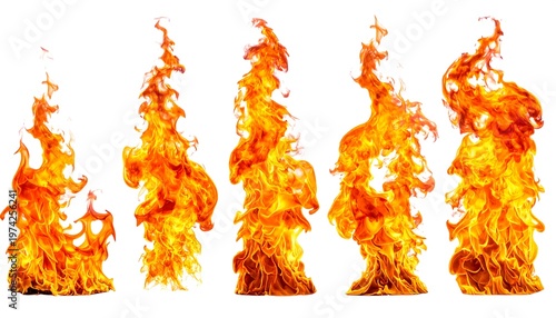Five isolated flames of fiery orange and red colors on a white background, representing fire and heat