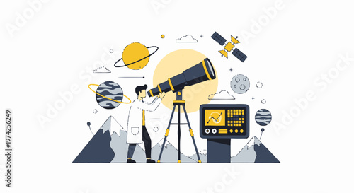 Astronomer Observing Celestial Bodies Through a Powerful Telescope.