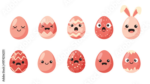Collection of pink Easter eggs with various cute kawai expression faces and patterns like stripes or polka dots on white.