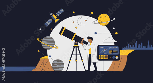 Astronomer Observing Celestial Bodies Through Telescope in Space.