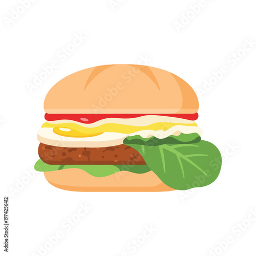 Delicious Burger Vector Illustration with Lettuce, Cheese, and Tomato for Fast Food Design
