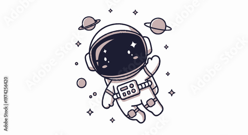 Cartoon Astronaut Floating in Space with Planets and Stars.