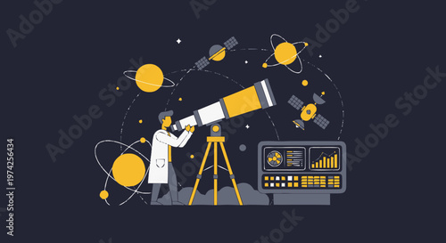 Astronomer Observing Celestial Bodies Through a Powerful Telescope.