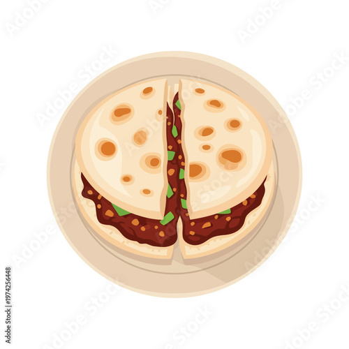 Mexican Quesadilla Vector Illustration with Meat Filling on Plate, Cartoon Food Art
