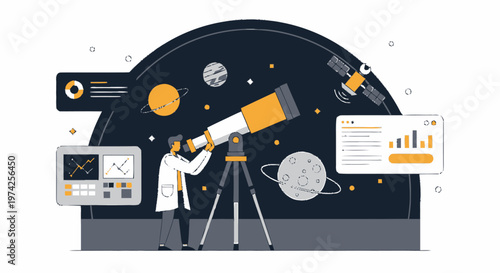 Astronomer Observing Celestial Bodies Through a Powerful Telescope.