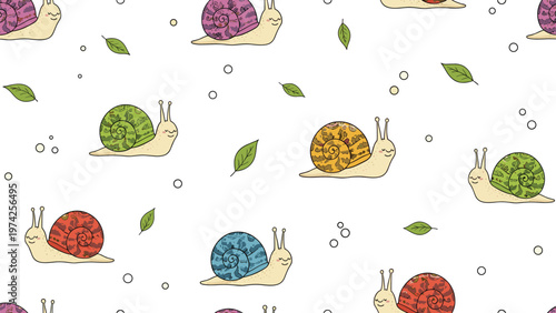 Seamless pattern with colorful hand drawn snails crawling among small green leaves and bubbles on a white background.