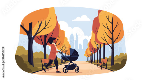African American woman pushing a baby stroller along a tree lined path in a beautiful autumn park with golden leaves.