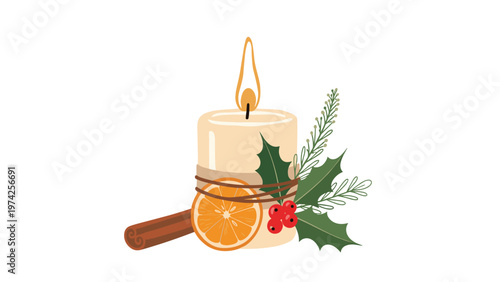 Decorative lit Christmas candle wrapped with a dried orange slice, cinnamon stick, and green holly leaves with berries.