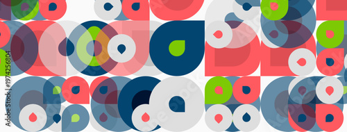 Abstract pattern features overlapping circles, squares. Colors include blue, green, pink, coral, gray. Design feels modern, playful.