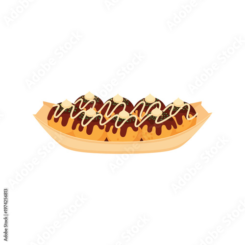 Takoyaki Japanese Street Food Vector Illustration with Sauce and Mayonnaise