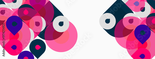 Abstract composition featuring overlapping circles, pinks, purples, white space. Modern design, vibrant colors, symmetrical arrangement.