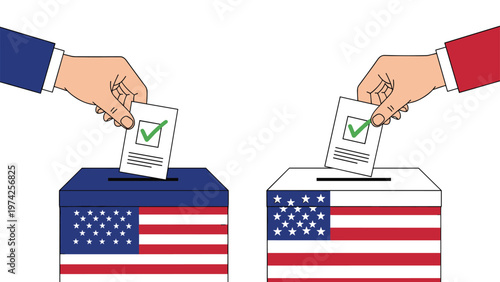 Illustration showing two hands placing marked ballots into voting boxes decorated with the United States flag.