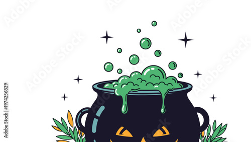 Spooky black jack o lantern style cauldron boiling with glowing green magic potion and many bubbles for Halloween.