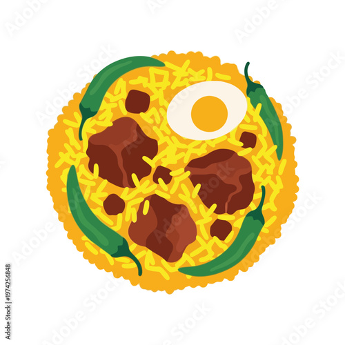 Biryani vector illustration with egg, chili peppers, and meat pieces in flat cartoon style