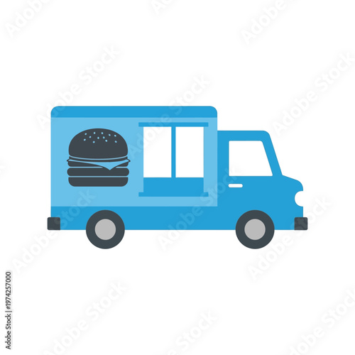 Blue food truck vector illustration with burger icon, flat style street food vehicle graphic