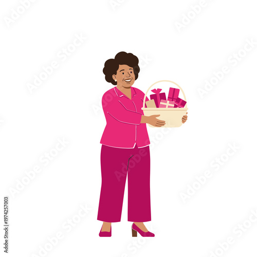 A woman holds a gift basket filled with presents indoors smiling.