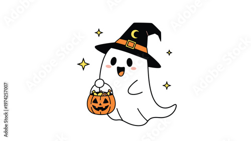 Friendly little ghost wearing a black witch hat and holding an orange pumpkin bucket filled with Halloween treats.