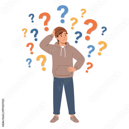 A man with question marks surrounding his head is pondering deeply.