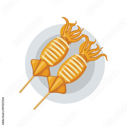 Grilled Squid Skewers on Plate Asian Street Food Cartoon Vector Illustration