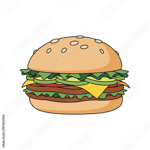Cheeseburger vector illustration with lettuce, tomato, cheese, and sesame bun isolated on white