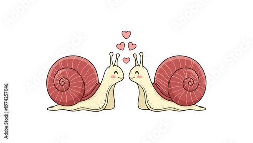Two cute snails with pink shells facing each other with several small hearts floating between them on a white background.