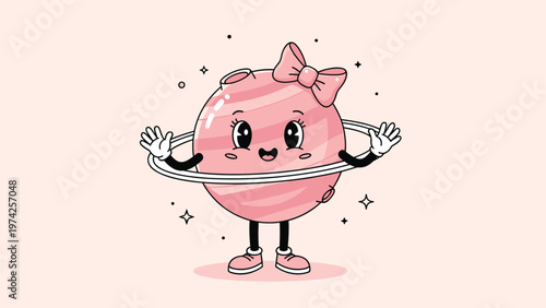 Cute illustrated pink planet character with a pink bow and hula hoop rings standing on a light pink background.