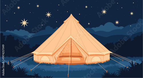 A beautifully illuminated bell tent stands under a vast, star-filled night sky, offering a serene and inviting camping experience in nature.