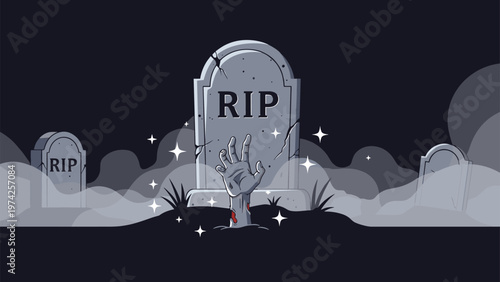 Zombie hand rising from a grave in spooky pixel art graveyard scene with mist and RIP tombstones for Halloween theme or horror background.