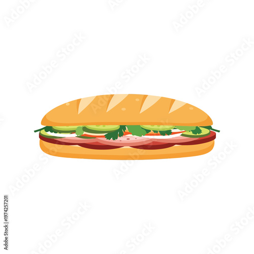 Fresh sandwich vector illustration with baguette, ham, lettuce, tomato, and cheese isolated