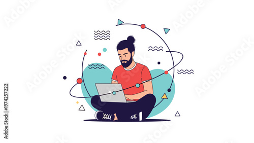 Man with a hair bun sitting cross legged and working on his laptop surrounded by colorful abstract geometric shapes for creative concept.