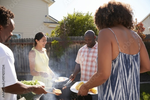 Diverse Group of Friends Enjoying Outdoor Summer Barbecue Party in Backyard, Multicultural People Grilling and Socializing at Home
