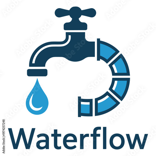Water faucet logo with flowing water droplet and circular segments