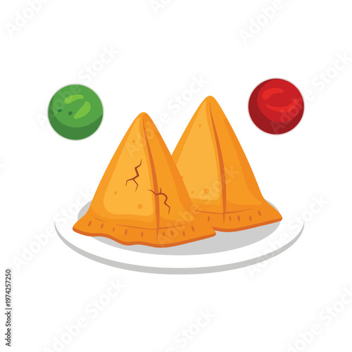 Indian samosa vector illustration with chutney on plate, traditional snack food clipart