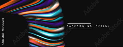 Abstract colorful waves form dynamic shape. Dark background emphasizes vibrant hues, creating modern visual impact.