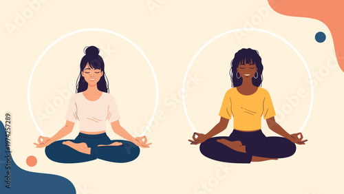 Diverse women of different ethnicities practicing mindfulness yoga in lotus pose together for mental health and wellness.