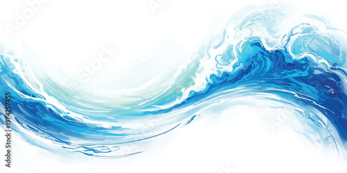 A single crashing ocean wave with white sea foam and swirling blue water currents isolated on a white background in a painterly digital style