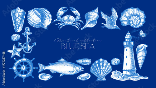 Vintage summer sea set. Retro sketch nautical vacation frame. Hand drawn vector illustration. Marine stickers